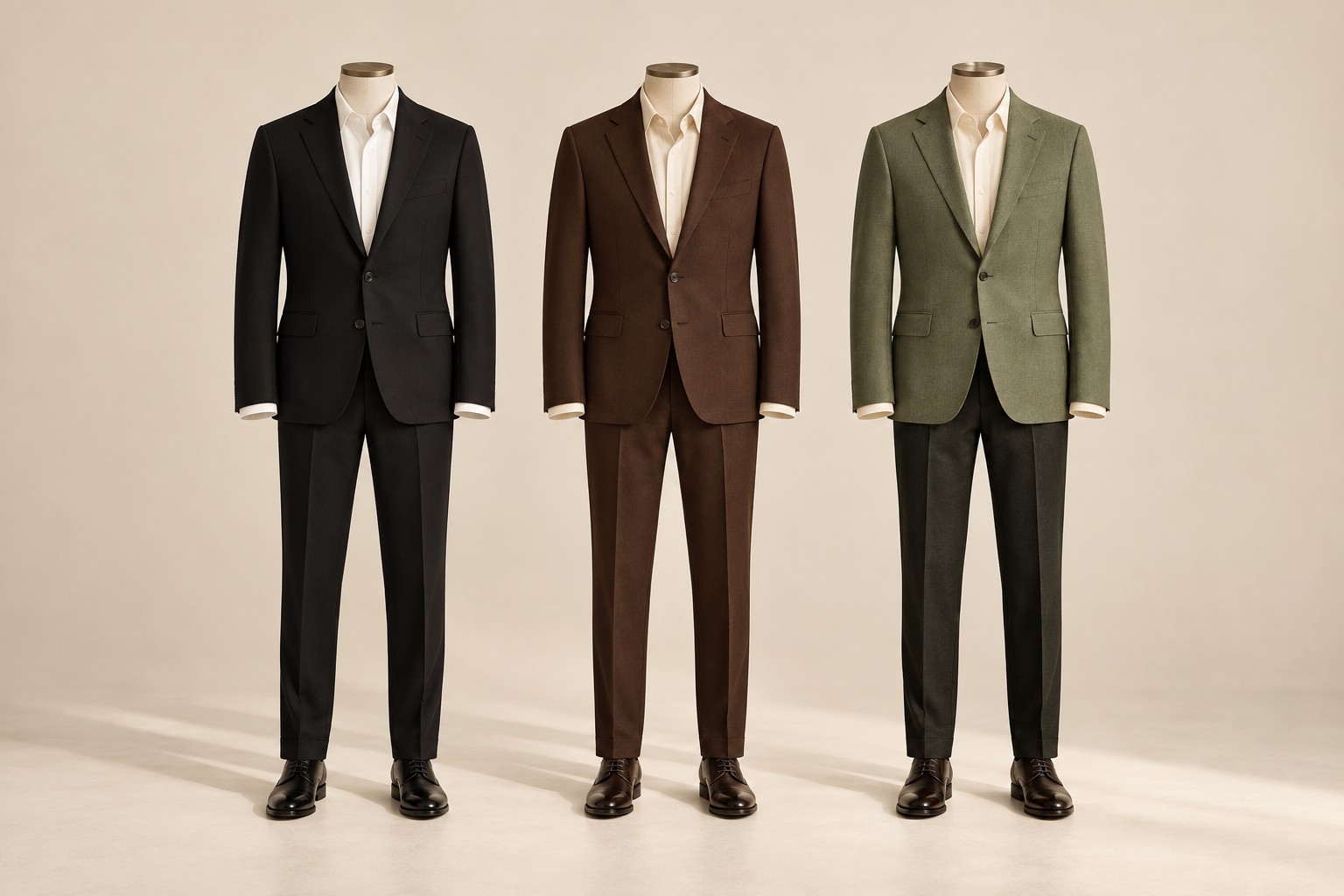 Outfit inspiration: a black suit, a brown suit, and a sage blazer with tailored dark trousers on mannequins