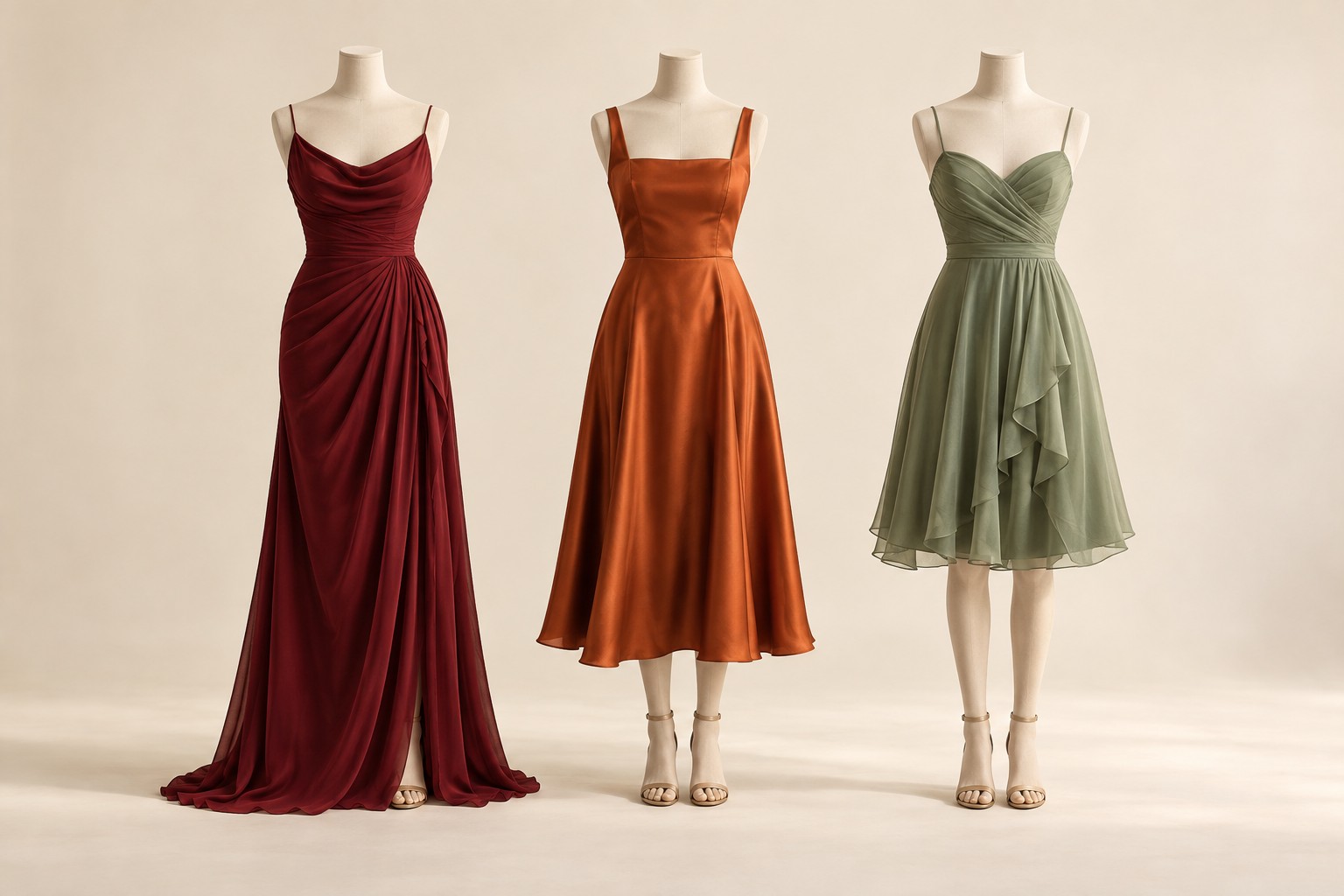 Outfit inspiration: a burgundy floor-length gown, a burnt-orange midi dress, and a sage knee-length cocktail dress on mannequins